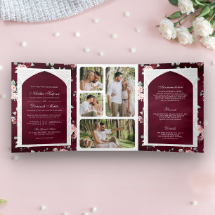Burgundy Floral Lace All in One Indian Wedding Tri-Fold Invitation