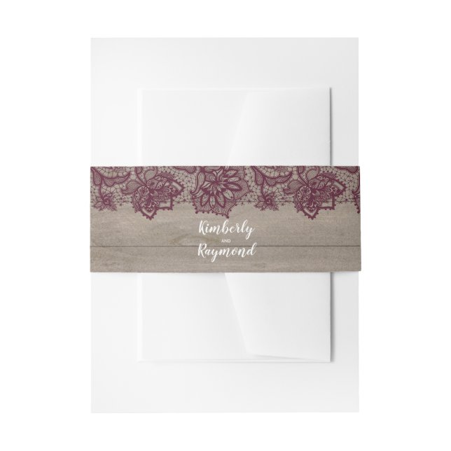 Burgundy Floral Lace and Wood Invitation Belly Band (Front Example)