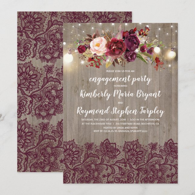 Burgundy Floral Lace Rustic Engagement Party Invitation (Front/Back)