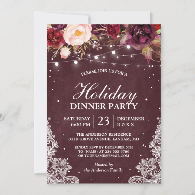 Burgundy Floral Lace String Lights Holiday Party Invitation (Front)