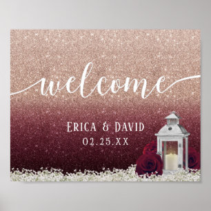 Burgundy Floral Lantern Rose Gold Wedding Welcome Poster
