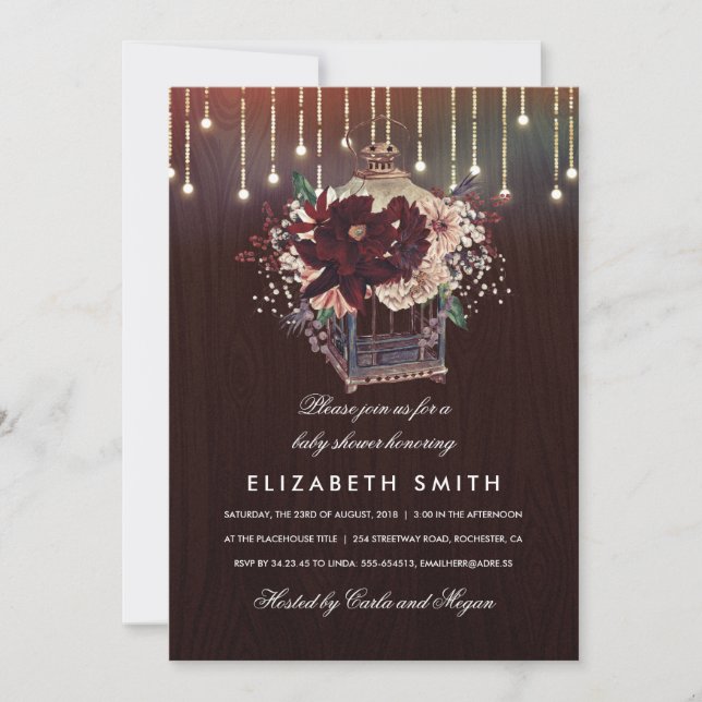 Burgundy Floral Lantern Rustic Fall Baby Shower Invitation (Front)