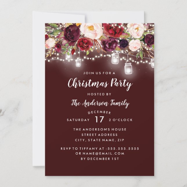 Burgundy Floral Lights Christmas Party Invitation (Front)