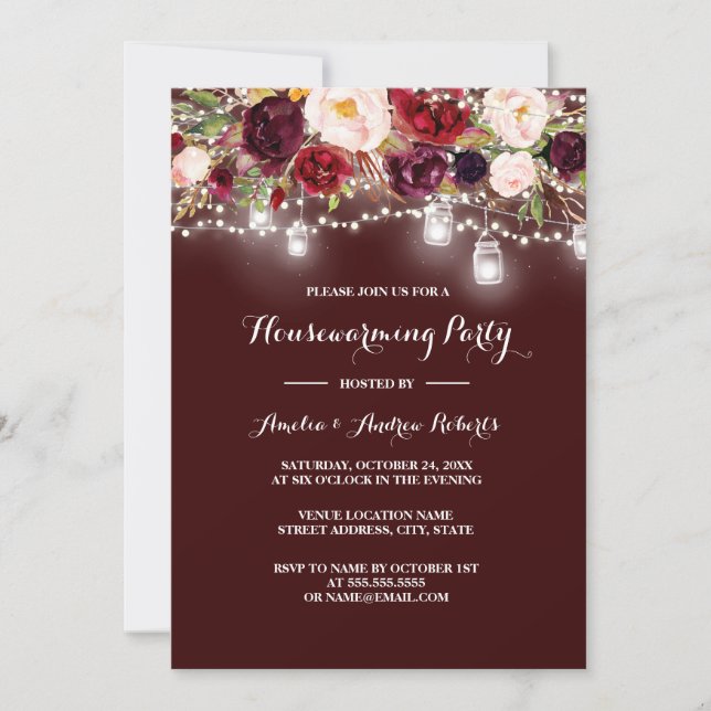 Burgundy Floral Lights Housewarming Party Invitation (Front)