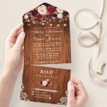 Burgundy Floral Lights Lace Rustic Wood Wedding All In One Invitation<br><div class="desc">Rustic Wedding,  Watercolor Burgundy Floral,  Wood and String Lights Lace Wedding All In One Invitation with RSVP Card includes burgundy roses,  pink roses,  red roses and botanical greenery.</div>