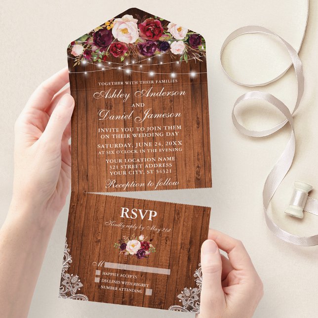 Burgundy Floral Lights Lace Rustic Wood Wedding All In One Invitation (All In One Wedding Invitation with tear off RSVP Card)