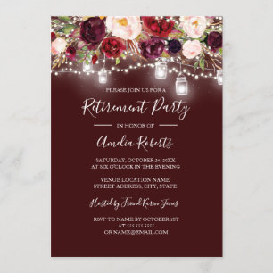 Burgundy Floral Lights Retirement Party Invitation