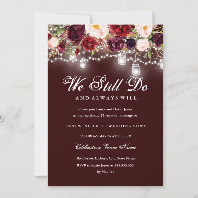 Burgundy Floral Lights Vow Renewal Anniversary Invitation (Front)