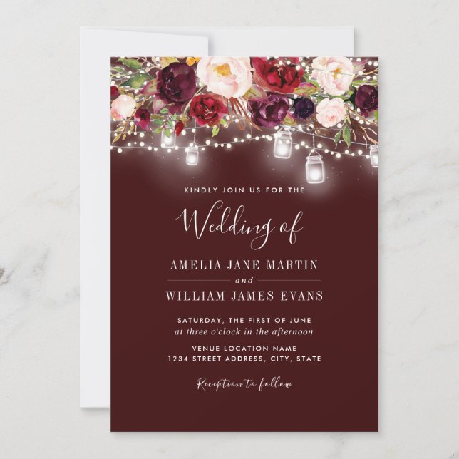 Burgundy Floral Lights Wedding Invitation (Front)
