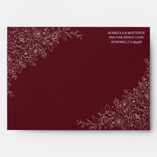 Burgundy Floral Line Art Wedding Envelope