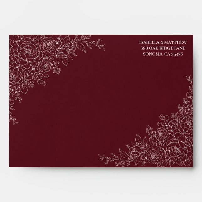 Burgundy Floral Line Art Wedding Envelope (Front)