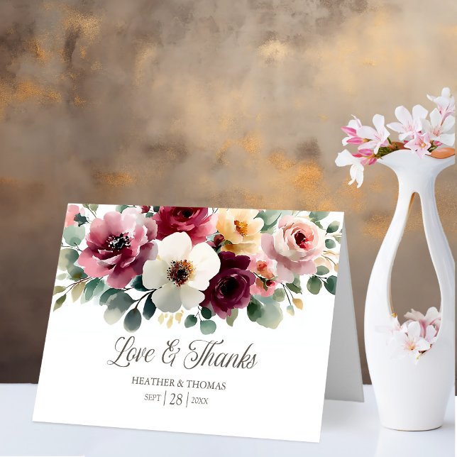 Burgundy Floral Love and Thanks Wedding Thank You Card (Creator Uploaded)