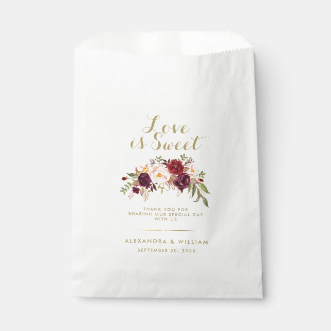 Burgundy Floral Love is Sweet Rustic Wedding Favour Bags (Front)