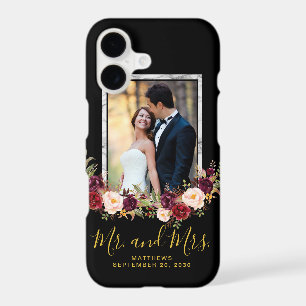 Burgundy Floral Marble Black Gold Wedding Photo
