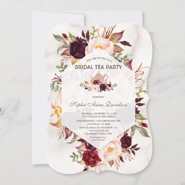 Burgundy Floral Marble Bridal Shower Tea Party Invitation (Front)