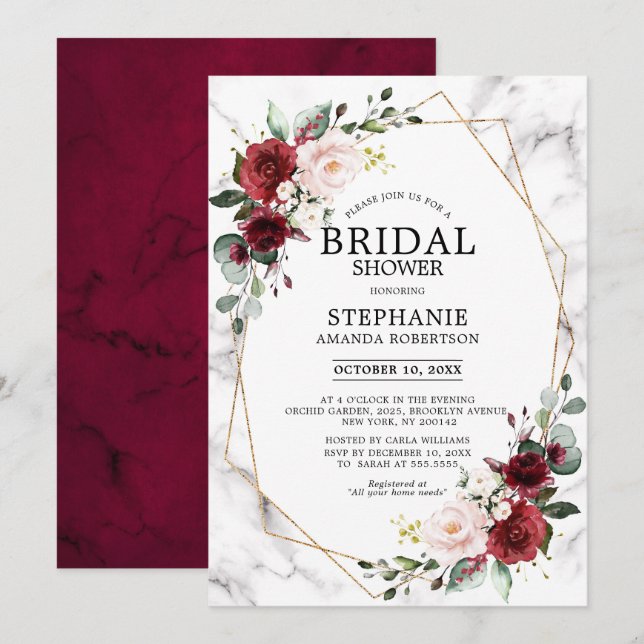 Burgundy Floral Marble Geometric Bridal Shower Invitation (Front/Back)
