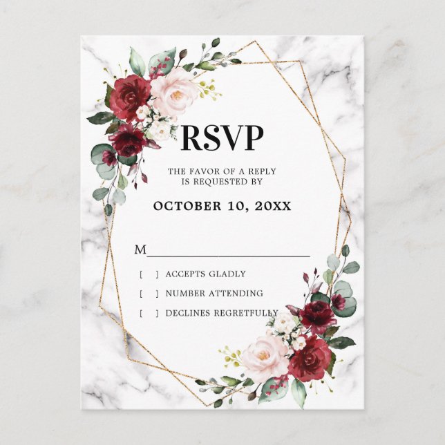 Burgundy Floral Marble Geometric Wedding RSVP Postcard (Front)