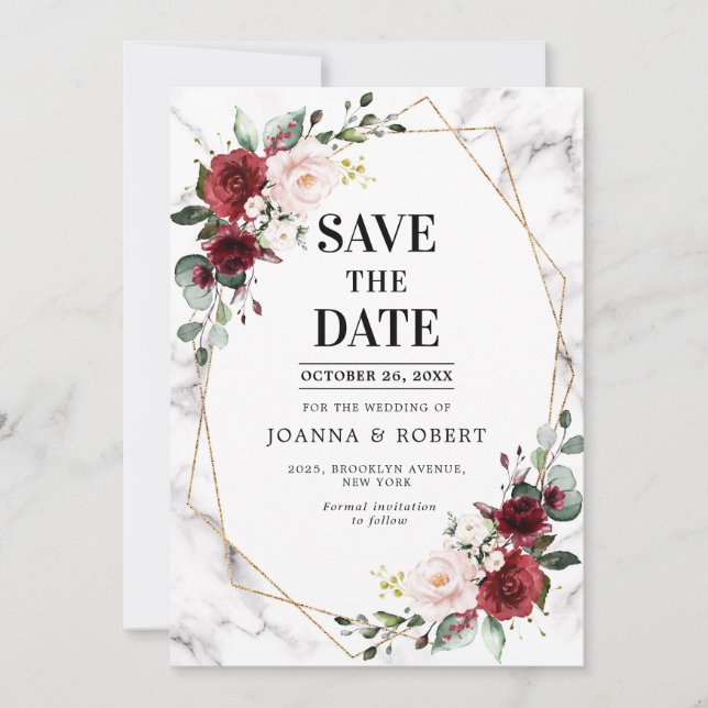 Burgundy Floral Marble Geometric Wedding Save The Date (Front)