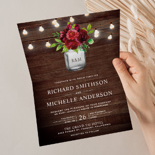 Burgundy Floral Mason Jar Lights QR Code Wedding Invitation