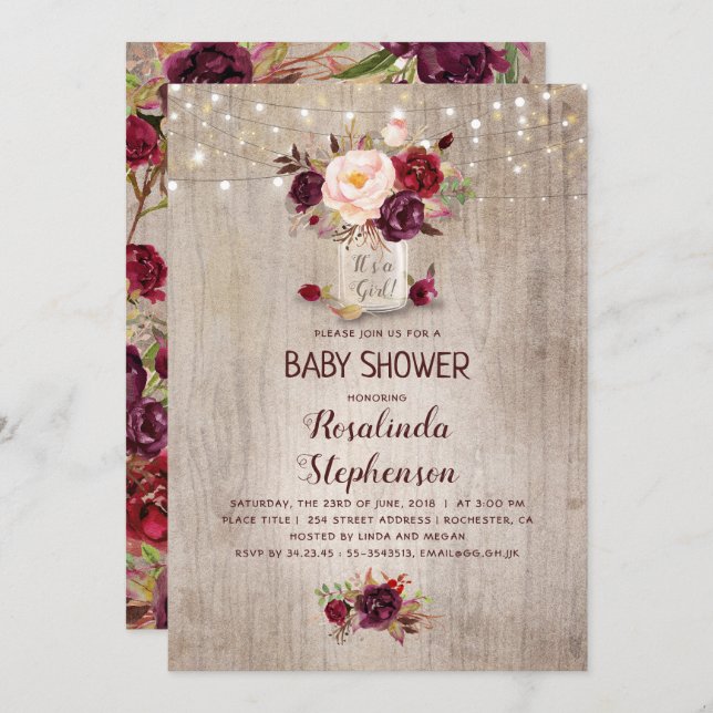 Burgundy Floral Mason Jar Rustic Baby Shower Invitation (Front/Back)