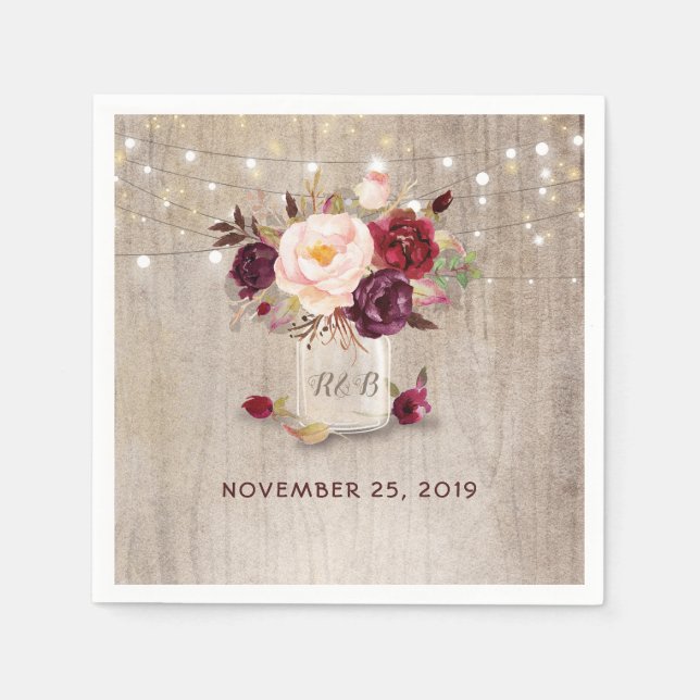 Burgundy Floral Mason Jar Rustic Napkin (Front)