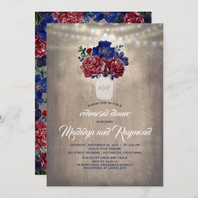 Burgundy Floral Mason Jar Rustic Rehearsal Dinner Invitation (Front/Back)