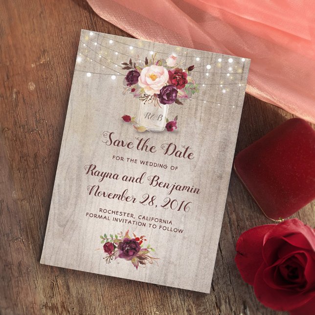Burgundy Floral Mason Jar Rustic Save the Date (Creator Uploaded)