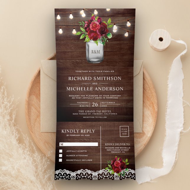 Burgundy Floral Mason Jar String Lights Wedding Tri-Fold Invitation (Creator Uploaded)