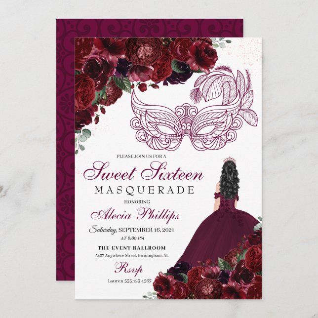 Burgundy Floral Masquerade Sweet 16 Invitation (Front/Back)
