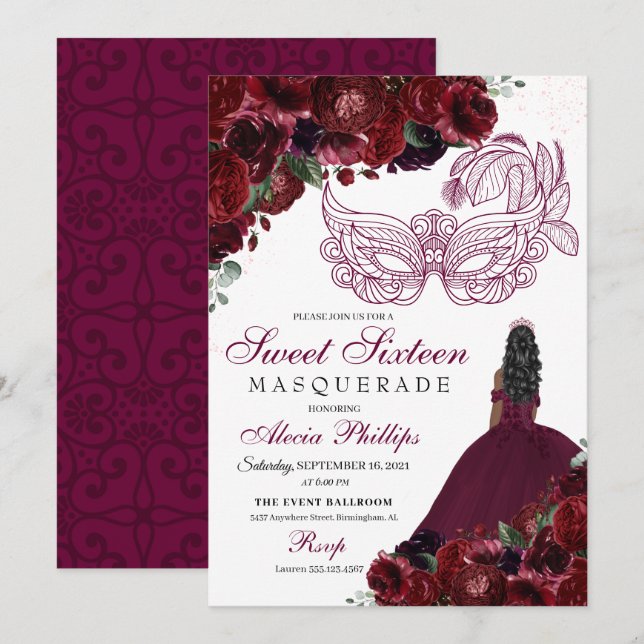 Burgundy Floral Masquerade Sweet 16 Invitation (Front/Back)