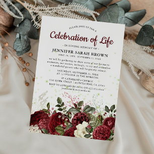 Burgundy Floral Memorial   Celebration of Life  Invitation