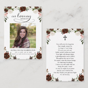 Burgundy Floral Memorial Photo Funeral Card