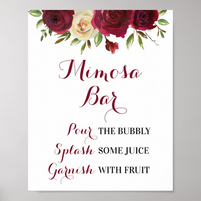 Burgundy Floral Mimosa Bar Wedding Bridal Shower Poster (Front)