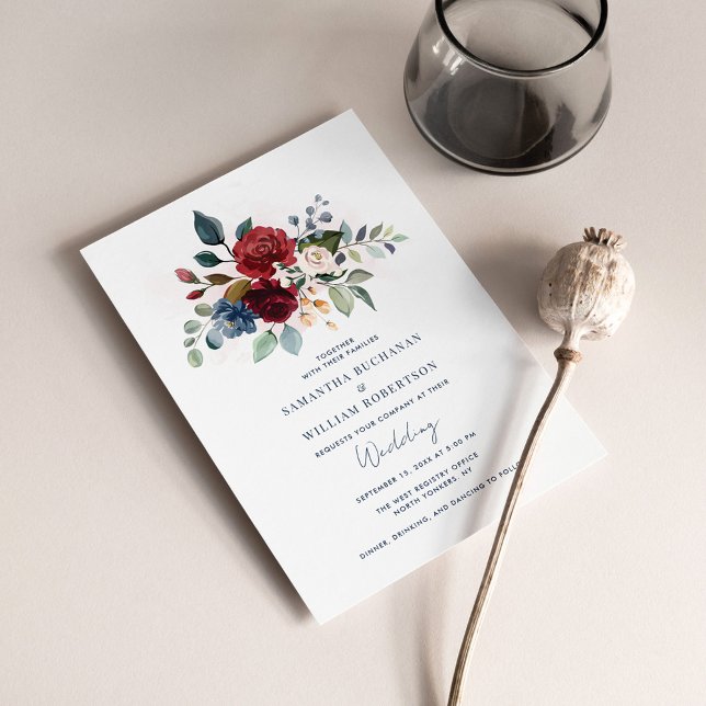 Burgundy Floral Modern Botanical Wedding Invitation (Elegant Script Floral Wedding Invitation)