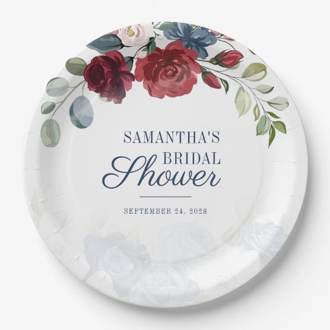 Burgundy Floral Modern Bridal Shower Party Paper Plate (Front)