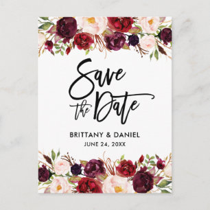 Burgundy Floral Modern Brush Script Save the Date Announcement Postcard