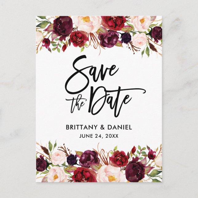 Burgundy Floral Modern Brush Script Save the Date Announcement Postcard (Front)