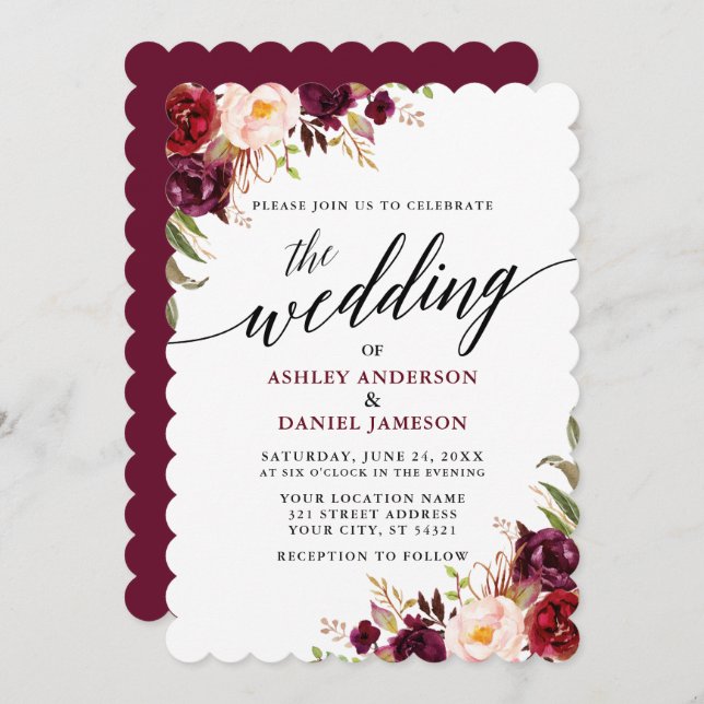 Burgundy Floral Modern Elegant Calligraphy Wedding Invitation (Front/Back)