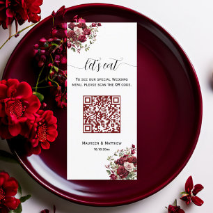 Burgundy Floral Modern QR Code 4x9'' Wedding Menu