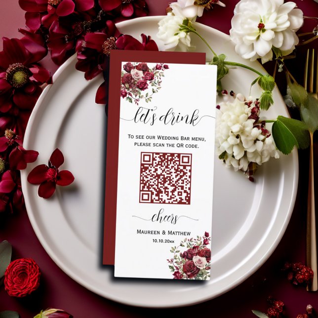 Burgundy Floral Modern QR Code Wedding Bar Menu (Creator Uploaded)
