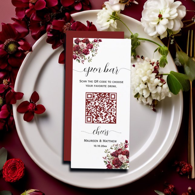 Burgundy Floral Modern QR Code Wedding Open Bar Menu (Creator Uploaded)