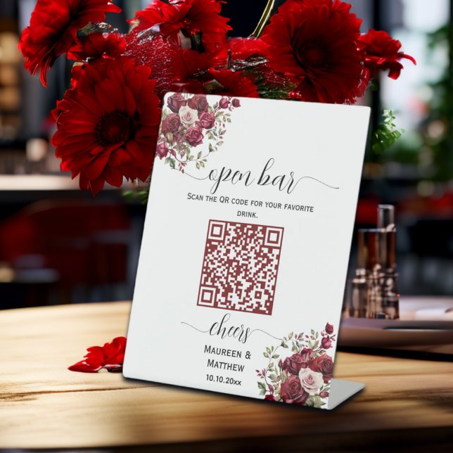 Burgundy Floral Modern QR Code Wedding Open Bar Pedestal Sign (Creator Uploaded)