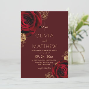 Burgundy Floral Modern Red & Gold Wedding Invitation