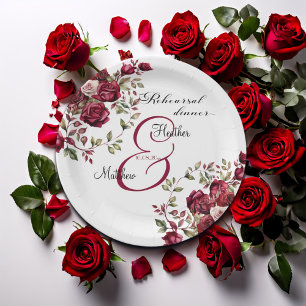 Burgundy Floral Modern 'Rehearsal dinner' Wedding Paper Plate