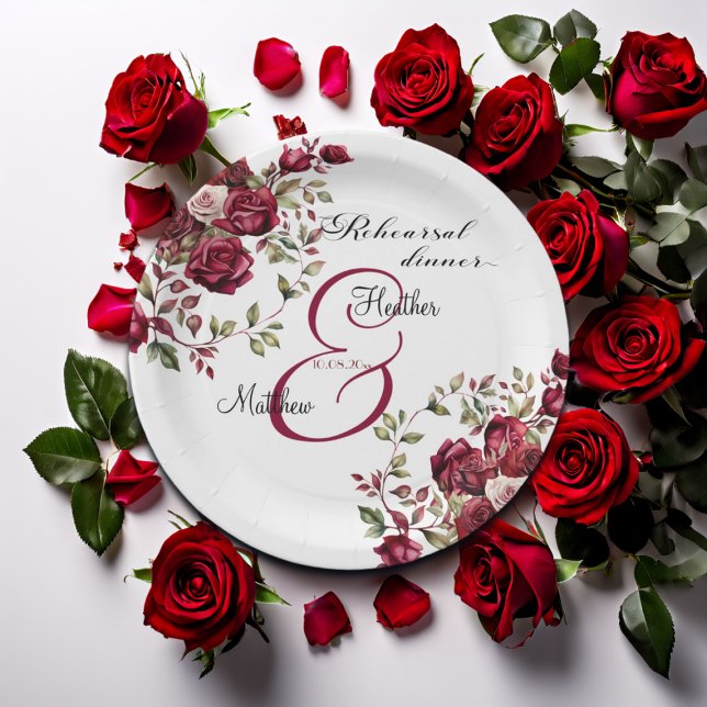 Burgundy Floral Modern 'Rehearsal dinner' Wedding Paper Plate (Creator Uploaded)