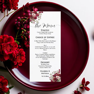 Burgundy Floral Modern Script 4x9'' Wedding Menu