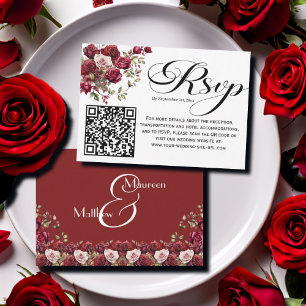 Burgundy Floral Modern Script QR Code RSVP Card
