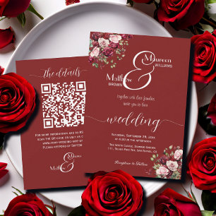 Burgundy Floral Modern Script QR Code Wedding Invitation