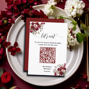 Burgundy Floral Modern Script QR Code Wedding Menu