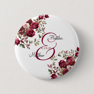 Burgundy Floral Modern Script Wedding 6 Cm Round Badge